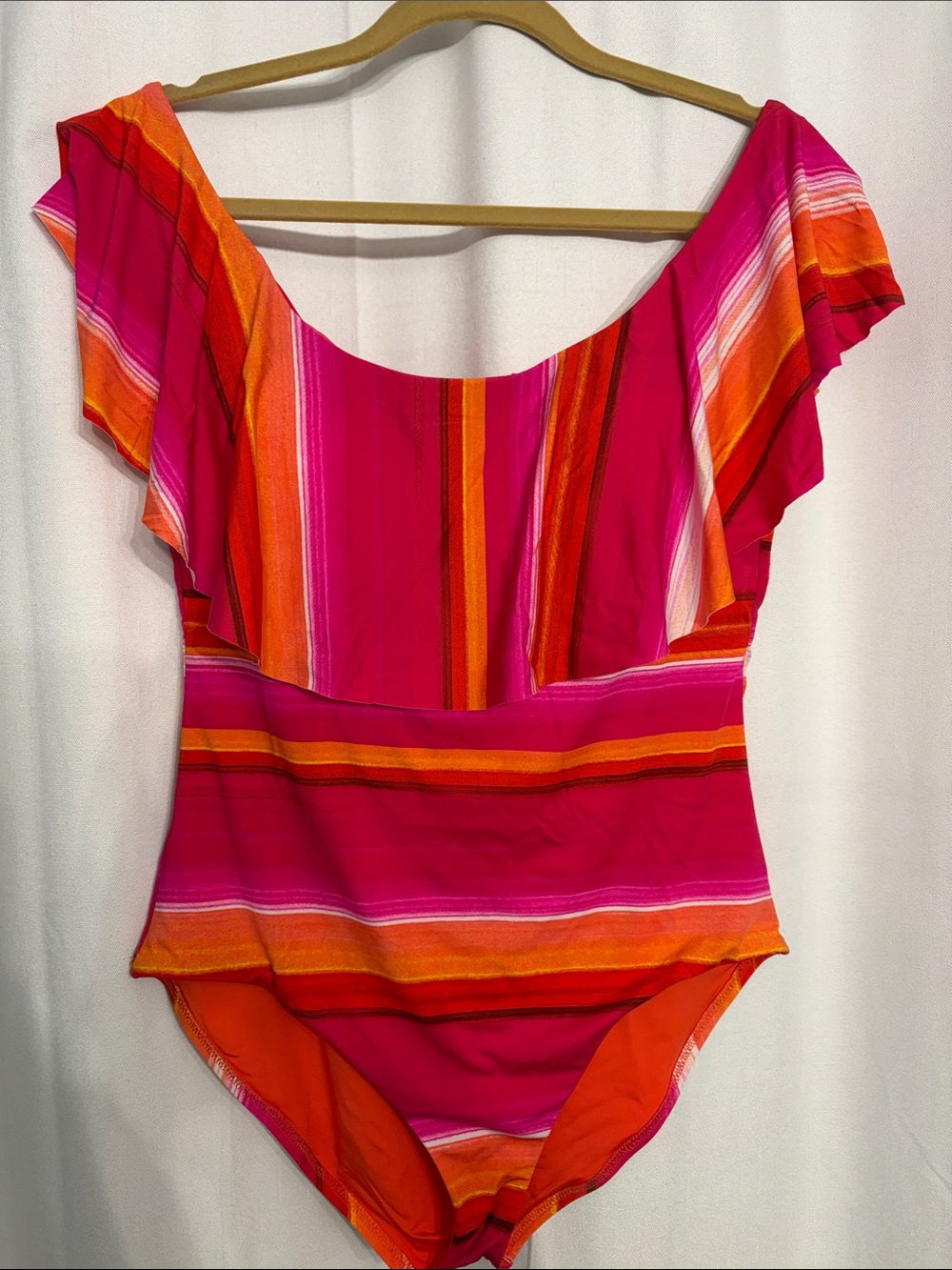 Trina Turk Pink & Orange Striped Ruffle One-Piece Swimsuit